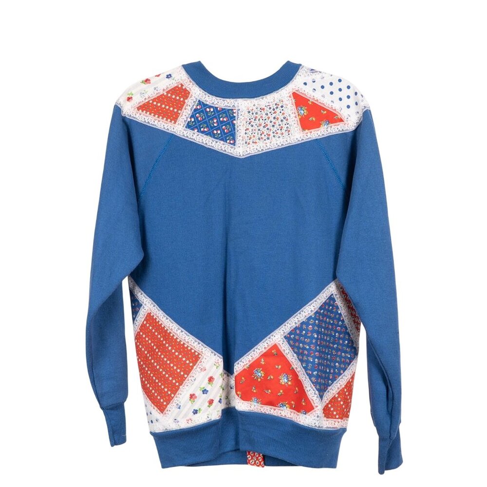 Patchwork Cardigan Sweatshirt M Blue Red Lace Floral 90s Mom Grammacore Dots - Picture 4 of 5